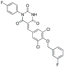 (5E)-5-{3,5-DICHLORO-4-[(3-FLUOROBENZYL)OXY]BENZYLIDENE}-1-(4-FLUOROPHENYL)PYRIMIDINE-2,4,6(1H,3H,5H)-TRIONE Struktur