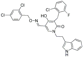 5-(2-CHLORO-6-FLUOROBENZYL)-4-HYDROXY-1-[2-(1H-INDOL-2-YL)ETHYL]-6-OXO-1,6-DIHYDRO-3-PYRIDINECARBALDEHYDE O-(2,4-DICHLOROBENZYL)OXIME Struktur