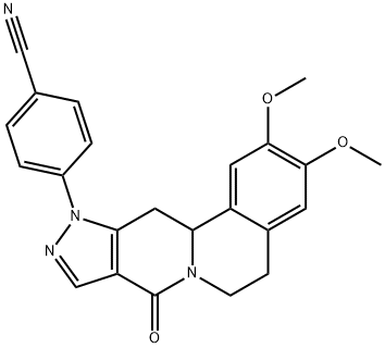 4-[2,3-DIMETHOXY-8-OXO-5,8,12,12A-TETRAHYDROPYRAZOLO[3',4':4,5]PYRIDO[2,1-A]ISOQUINOLIN-11(6H)-YL]BENZENECARBONITRILE Struktur