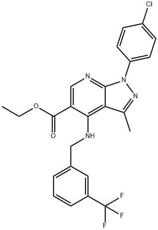 ETHYL 1-(4-CHLOROPHENYL)-3-METHYL-4-([3-(TRIFLUOROMETHYL)BENZYL]AMINO)-1H-PYRAZOLO[3,4-B]PYRIDINE-5-CARBOXYLATE Struktur