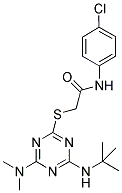 2-{[4-(TERT-BUTYLAMINO)-6-(DIMETHYLAMINO)-1,3,5-TRIAZIN-2-YL]THIO}-N-(4-CHLOROPHENYL)ACETAMIDE Struktur