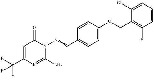 2-AMINO-3-[((E)-(4-[(2-CHLORO-6-FLUOROBENZYL)OXY]PHENYL)METHYLIDENE)AMINO]-6-(TRIFLUOROMETHYL)-4(3H)-PYRIMIDINONE Struktur