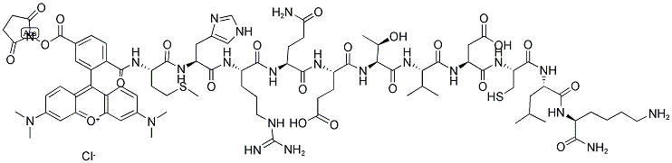 5-TMR-MET-HIS-ARG-GLN-GLU-THR-VAL-ASP-CYS-LEU-LYS-NH2 Struktur