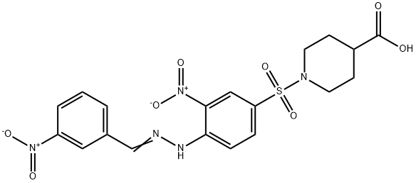 1-[(3-NITRO-4-(2-[(E)-(3-NITROPHENYL)METHYLIDENE]HYDRAZINO)PHENYL)SULFONYL]-4-PIPERIDINECARBOXYLIC ACID Struktur