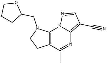 5-METHYL-8-(TETRAHYDRO-2-FURANYLMETHYL)-7,8-DIHYDRO-6H-PYRAZOLO[1,5-A]PYRROLO[3,2-E]PYRIMIDINE-3-CARBONITRILE Struktur