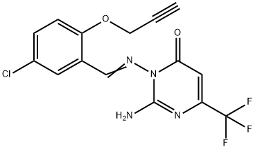 2-AMINO-3-(((E)-[5-CHLORO-2-(2-PROPYNYLOXY)PHENYL]METHYLIDENE)AMINO)-6-(TRIFLUOROMETHYL)-4(3H)-PYRIMIDINONE Struktur