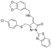 (E)-4-((BENZO[D][1,3]DIOXOL-5-YLMETHYLAMINO)METHYLENE)-1-(BENZO[D]THIAZOL-2-YL)-3-((4-CHLOROPHENYLTHIO)METHYL)-1H-PYRAZOL-5(4H)-ONE Struktur