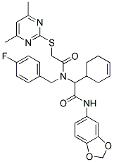 N-(BENZO[D][1,3]DIOXOL-5-YL)-2-(CYCLOHEX-3-ENYL)-2-(2-(4,6-DIMETHYLPYRIMIDIN-2-YLTHIO)-N-(4-FLUOROBENZYL)ACETAMIDO)ACETAMIDE Struktur