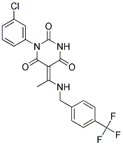 (5E)-1-(3-CHLOROPHENYL)-5-(1-{[4-(TRIFLUOROMETHYL)BENZYL]AMINO}ETHYLIDENE)PYRIMIDINE-2,4,6(1H,3H,5H)-TRIONE Struktur