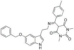 (E)-5-((2-(5-(BENZYLOXY)-1H-INDOL-3-YL)ETHYLIMINO)(P-TOLYL)METHYL)-1,3-DIMETHYLPYRIMIDINE-2,4,6(1H,3H,5H)-TRIONE Struktur