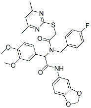 N-(BENZO[D][1,3]DIOXOL-5-YL)-2-(3,4-DIMETHOXYPHENYL)-2-(2-(4,6-DIMETHYLPYRIMIDIN-2-YLTHIO)-N-(4-FLUOROBENZYL)ACETAMIDO)ACETAMIDE Struktur