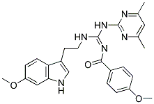 (E)-N-((4,6-DIMETHYLPYRIMIDIN-2-YLAMINO)(2-(6-METHOXY-1H-INDOL-3-YL)ETHYLAMINO)METHYLENE)-4-METHOXYBENZAMIDE Struktur