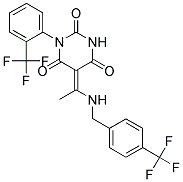 (5E)-5-(1-{[4-(TRIFLUOROMETHYL)BENZYL]AMINO}ETHYLIDENE)-1-[2-(TRIFLUOROMETHYL)PHENYL]PYRIMIDINE-2,4,6(1H,3H,5H)-TRIONE Struktur