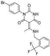 (5E)-1-(4-BROMOPHENYL)-5-(1-{[2-(TRIFLUOROMETHYL)BENZYL]AMINO}ETHYLIDENE)PYRIMIDINE-2,4,6(1H,3H,5H)-TRIONE Struktur