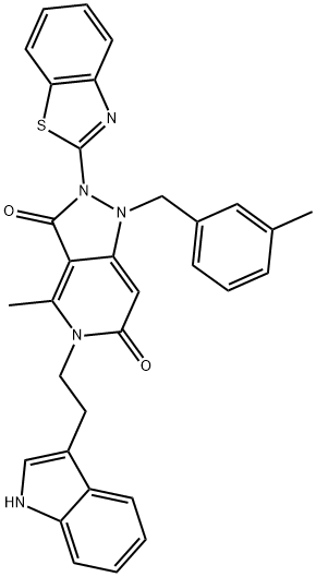 5-(2-(1H-INDOL-3-YL)ETHYL)-2-(BENZO[D]THIAZOL-2-YL)-4-METHYL-1-(3-METHYLBENZYL)-1,2-DIHYDRO-5H-PYRAZOLO[4,3-C]PYRIDINE-3,6-DIONE Struktur