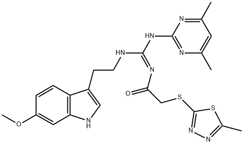 (E)-N-((4,6-DIMETHYLPYRIMIDIN-2-YLAMINO)(2-(6-METHOXY-1H-INDOL-3-YL)ETHYLAMINO)METHYLENE)-2-(5-METHYL-1,3,4-THIADIAZOL-2-YLTHIO)ACETAMIDE Struktur