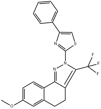 7-METHOXY-2-(4-PHENYL-1,3-THIAZOL-2-YL)-3-(TRIFLUOROMETHYL)-4,5-DIHYDRO-2H-BENZO[G]INDAZOLE Struktur