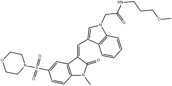 (Z)-N-(3-METHOXYPROPYL)-2-(3-((1-METHYL-5-(MORPHOLINOSULFONYL)-2-OXOINDOLIN-3-YLIDENE)METHYL)-1H-INDOL-1-YL)ACETAMIDE Struktur