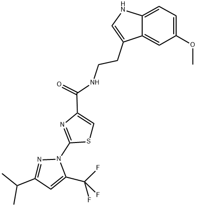 2-[3-ISOPROPYL-5-(TRIFLUOROMETHYL)-1H-PYRAZOL-1-YL]-N-[2-(5-METHOXY-1H-INDOL-3-YL)ETHYL]-1,3-THIAZOLE-4-CARBOXAMIDE Struktur