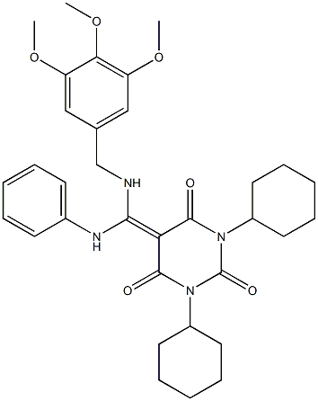 1,3-DICYCLOHEXYL-5-((PHENYLAMINO)(3,4,5-TRIMETHOXYBENZYLAMINO)METHYLENE)PYRIMIDINE-2,4,6(1H,3H,5H)-TRIONE Struktur