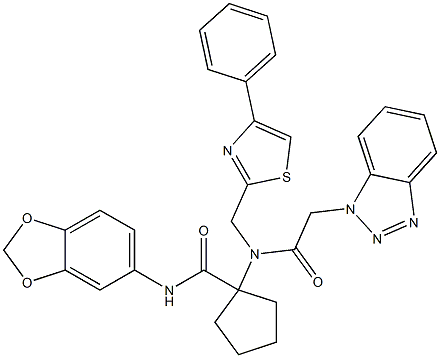 1-(2-(1H-BENZO[D][1,2,3]TRIAZOL-1-YL)-N-((4-PHENYLTHIAZOL-2-YL)METHYL)ACETAMIDO)-N-(BENZO[D][1,3]DIOXOL-5-YL)CYCLOPENTANECARBOXAMIDE Struktur