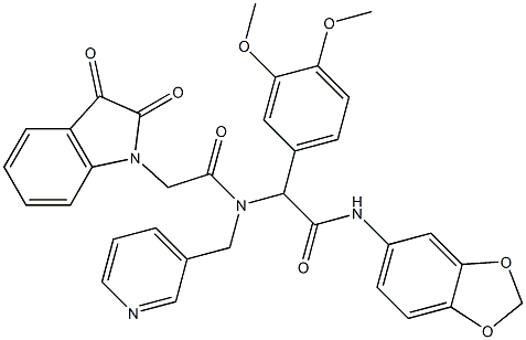 N-(BENZO[D][1,3]DIOXOL-5-YL)-2-(3,4-DIMETHOXYPHENYL)-2-(2-(2,3-DIOXOINDOLIN-1-YL)-N-(PYRIDIN-3-YLMETHYL)ACETAMIDO)ACETAMIDE Struktur