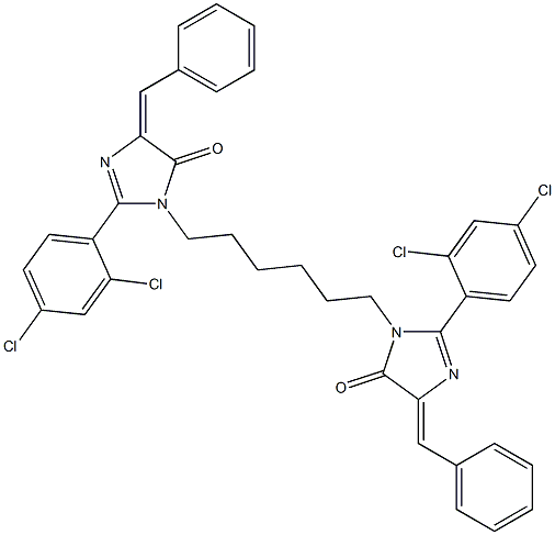 (E)-4-BENZYLIDENE-1-(6-((Z)-4-BENZYLIDENE-2-(2,4-DICHLOROPHENYL)-5-OXO-4,5-DIHYDROIMIDAZOL-1-YL)HEXYL)-2-(2,4-DICHLOROPHENYL)-1H-IMIDAZOL-5(4H)-ONE Struktur