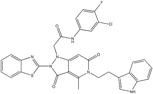 2-(5-(2-(1H-INDOL-3-YL)ETHYL)-2-(BENZO[D]THIAZOL-2-YL)-4-METHYL-3,6-DIOXO-2,3,5,6-TETRAHYDROPYRAZOLO[4,3-C]PYRIDIN-1-YL)-N-(3-CHLORO-4-FLUOROPHENYL)ACETAMIDE Struktur