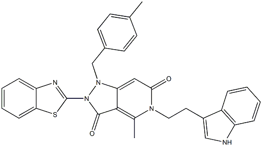 5-(2-(1H-INDOL-3-YL)ETHYL)-2-(BENZO[D]THIAZOL-2-YL)-4-METHYL-1-(4-METHYLBENZYL)-1,2-DIHYDRO-5H-PYRAZOLO[4,3-C]PYRIDINE-3,6-DIONE Struktur