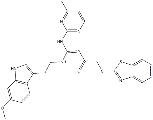 (E)-2-(BENZO[D]THIAZOL-2-YLTHIO)-N-((4,6-DIMETHYLPYRIMIDIN-2-YLAMINO)(2-(6-METHOXY-1H-INDOL-3-YL)ETHYLAMINO)METHYLENE)ACETAMIDE Struktur