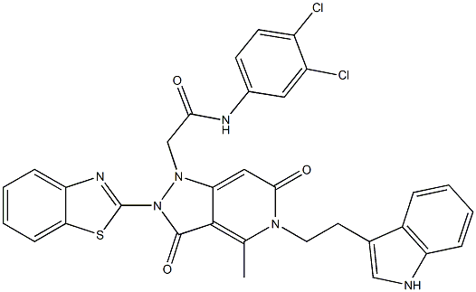 2-(5-(2-(1H-INDOL-3-YL)ETHYL)-2-(BENZO[D]THIAZOL-2-YL)-4-METHYL-3,6-DIOXO-2,3,5,6-TETRAHYDROPYRAZOLO[4,3-C]PYRIDIN-1-YL)-N-(3,4-DICHLOROPHENYL)ACETAMIDE Struktur