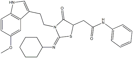 (E)-2-(2-(CYCLOHEXYLIMINO)-3-(2-(5-METHOXY-1H-INDOL-3-YL)ETHYL)-4-OXOTHIAZOLIDIN-5-YL)-N-PHENYLACETAMIDE Struktur