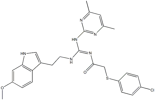 (E)-2-(4-CHLOROPHENYLTHIO)-N-((4,6-DIMETHYLPYRIMIDIN-2-YLAMINO)(2-(6-METHOXY-1H-INDOL-3-YL)ETHYLAMINO)METHYLENE)ACETAMIDE Struktur