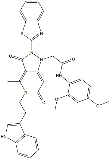 2-(5-(2-(1H-INDOL-3-YL)ETHYL)-2-(BENZO[D]THIAZOL-2-YL)-4-METHYL-3,6-DIOXO-2,3,5,6-TETRAHYDROPYRAZOLO[4,3-C]PYRIDIN-1-YL)-N-(2,4-DIMETHOXYPHENYL)ACETAMIDE Struktur